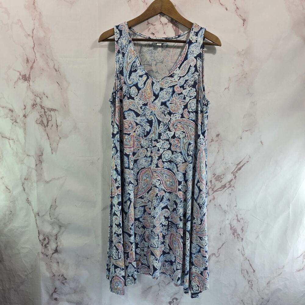 J Jill Dress Womens Medium Tank Stretchy Blue Paisley V Neck Midi Handkerchief